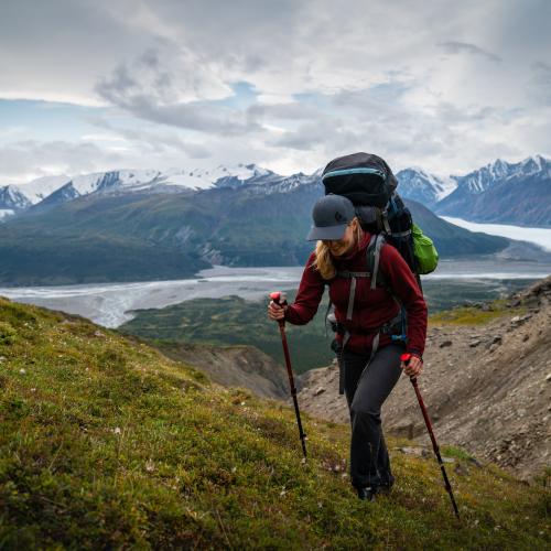 A person in a red hiking sweater and a large backpack uses hiking poles to climb the side of a mountain.